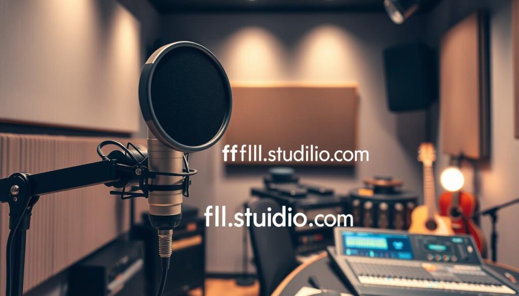 studio setup with microphone and pop filter studio setup with microphone and pop filter